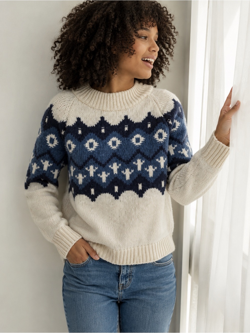 Aerie Fair Isle Chunky Knit Sweater XS Cream Blue Nordic